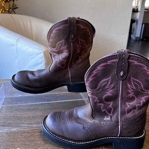 Brown Heeled Boots with Pink Stitching